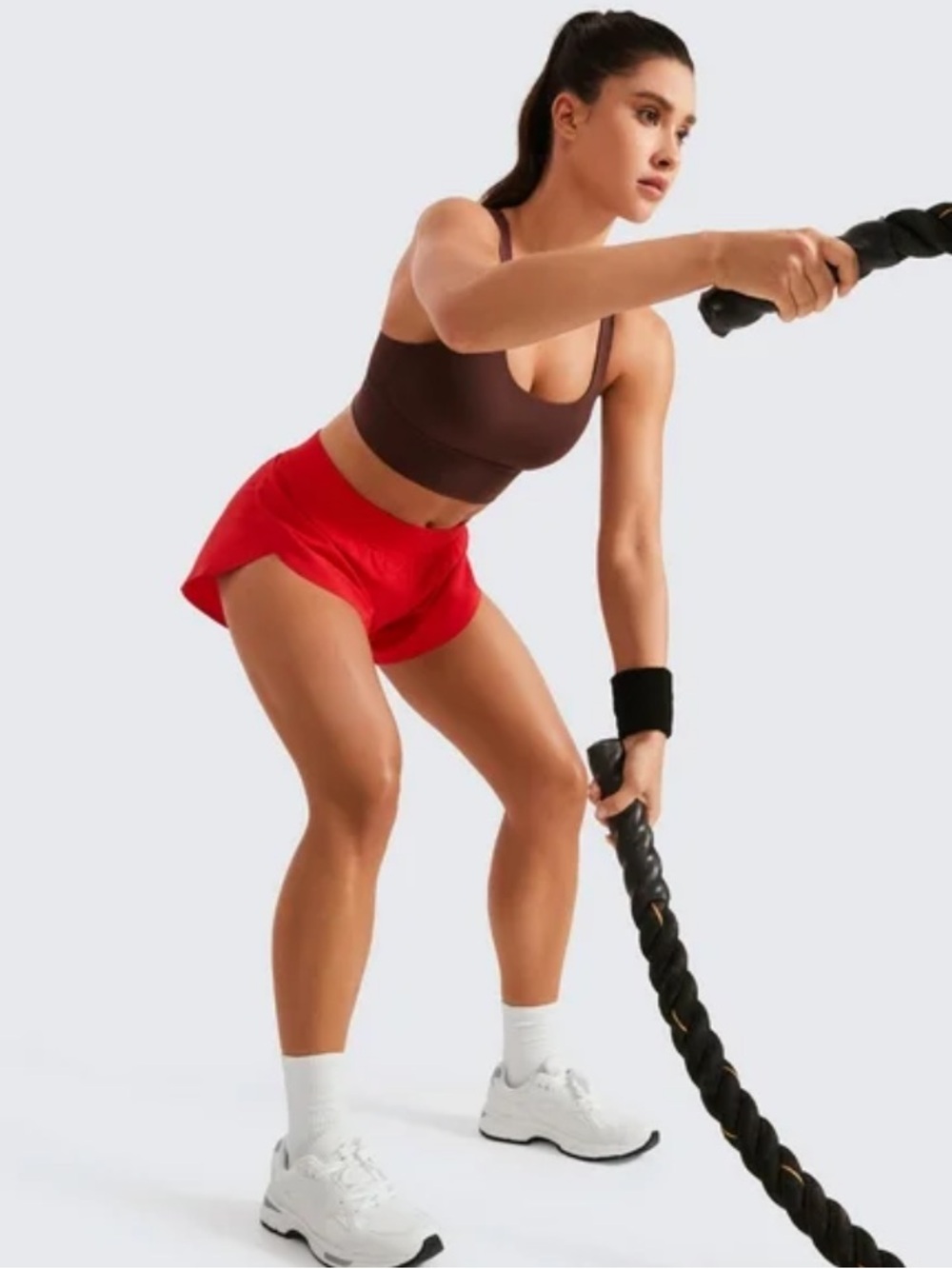 CRZ YOGA Brown Sports Bra with Red Shorts back zipper